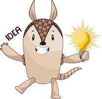 Armadillo with lighting bulb, illustration, vector on white background.