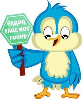 Blue bird holds a error page not found sign, illustration, vector on white background.