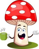Mushroom drinking tea, illustration, vector on white background.