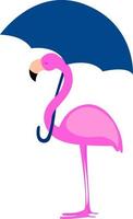 Flamingo with umbrella, illustration, vector on white background.