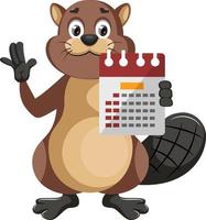 Beaver with calendar, illustration, vector on white background.