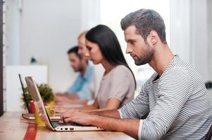 Concentrated on work. Group of confident business people in smart casual wear working at their laptops while sitting in a row at their working places photo