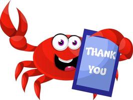 Crab with thank you sign, illustration, vector on white background.