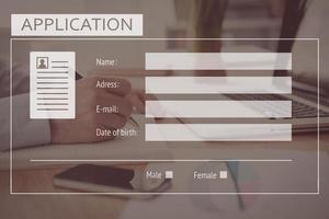 Application form. Close-up of business man writing something in his note pad with digitally composed application form over it photo