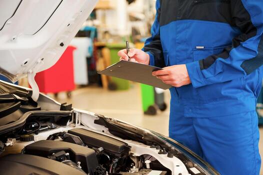 Taking a look under a hood. Close-up of man in uniform examining car and writing something in clipboard while standing in workshop photo