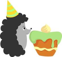 Hedgehog with cake, illustration, vector on white background.