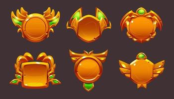 Golden game award badges, level ui icons, prize vector