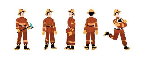 Fireman in helmet in front, side and back view vector