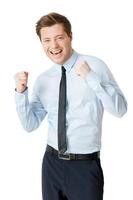 Successful businessman. Happy young man in shirt and tie gesturing and smiling while standing isolated on white photo