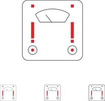 báscula de la máquina que pesa el peso conjunto de iconos de línea negra en negrita y delgada vector