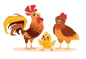 caricatura, ilustración, de, gallo, pollo, y, pollitos vector