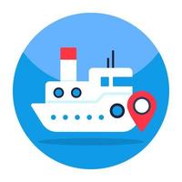 Map pin with ship, icon of boat location vector