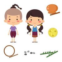 Cartoon thai kid and nature toys from thailand. vector