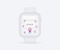 aplicación de navegación gps de mapa inteligente concepto ux ui, aplicación de mapa de reloj, reloj de pulsera de mapa de búsqueda de aplicaciones, mapa de tecnología, muñeca de navegación de la ciudad, calle de la ciudad, seguimiento gps, rastreador de ubicación, ilustración vectorial vector