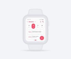 Smartwatch calendar planner app concept, Activity calendar clock UI UX, Wristwatch calendar schedule agenda annual planning meeting application, Calendar events, Appointment, Event fitness, Vector