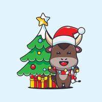 lindo toro con lámpara navideña. linda ilustración de dibujos animados de navidad. vector