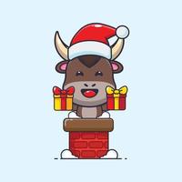 Cute bull with santa hat in the chimney. Cute christmas cartoon illustration. vector