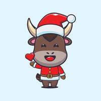 lindo toro con traje de santa. linda ilustración de dibujos animados de navidad. vector
