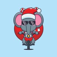 Cute elephant carrying christmas gift with motorcycle. Cute christmas cartoon illustration. vector