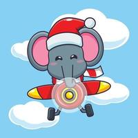 Cute elephant wearing santa hat flying with plane. Cute christmas cartoon illustration. vector