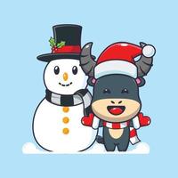 Cute buffalo playing with Snowman. Cute christmas cartoon illustration. vector
