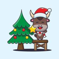 Cute bull taking star from christmas tree. Cute christmas cartoon illustration. vector