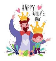 happy fathers day, dad and son with crown characters cartoon celebrating vector