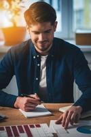 I can see growth here Cheerful young handsome man working with charts with smile while sitting at his working place photo