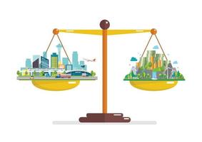 Comparison between prosperity and environment on balance scale.ai vector