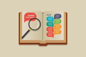 Magnifying glass on open book infographic vector