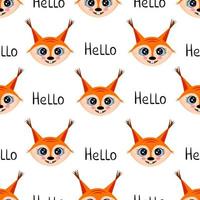 Squirrel, hello lettering, seamless pattern. Illustration for backgrounds, covers and packaging. Image can be used for greeting cards, posters and textile. Isolated on white background. vector
