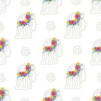 Girl with a wreath seamless pattern. Illustration for backgrounds, covers and packaging. Image can be used for greeting cards, posters, stickers and textile. Isolated on white background. vector