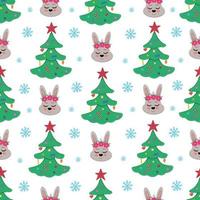 Christmas bunny seamless pattern. Christmas tree and rabbit. Illustration for backgrounds, covers and packaging. Image can be used for greeting cards and textile. Isolated on white background. vector