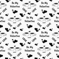 Hand drawn doodle two cups of tea of coffee with heart shape in Valentine's Day seamless pattern. vector