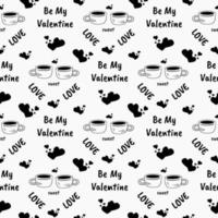 Hand drawn doodle two cups of tea of coffee with heart shape in Valentine's Day seamless pattern. vector