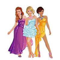 Prom Theme Female Character Set in Cartoon Style. Vector Illustration