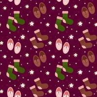 Cozy background with house slippers, socks and stars. Colorful modern illustration in simple hand-drawn style. Template for design backgrounds, textile, wrapping paper, package.