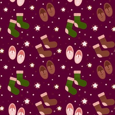 Cozy background with house slippers, socks and stars. Colorful modern illustration in simple hand-drawn style. Template for design backgrounds, textile, wrapping paper, package.