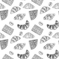 Croissants, waffles and coffee beans seamless pattern. Black and white pattern. For packaging, paper, backgrounds. vector