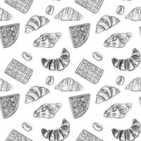 Croissants, waffles and coffee beans seamless pattern. Black and white pattern. For packaging, paper, backgrounds. vector