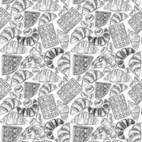 Black and white seamless pattern with croissants, waffles and coffee beans. Contour drawing of baking on a white background. Template for cafe, menu, paper. vector