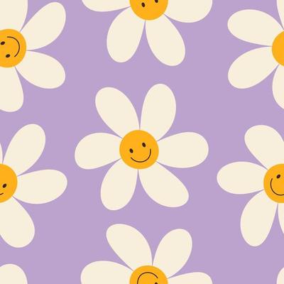 1970 seamless naive pattern with a daisy with a smile. Hippie aesthetics. Retro floral lavender background. Hand-drawn vector illustration. Flat Design. Style of the 60s, 70s, 80s.