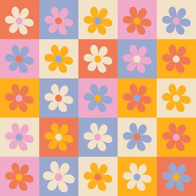 Hippie retro vintage flowers seamless pattern in 70s-80s style. Flat vector illustration.