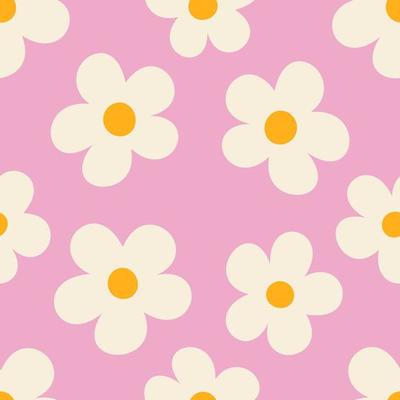 Naive floral pattern in the style of the 70s with groovy daisy flowers. Retro design. Yellow background. Style of the 60s, 70s, 80s. Scandinavian nursery print