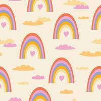 Abstract pattern in the style of the 70s with a rainbow and clouds. Retro vector design. Yellow background. The style of the 60s, 70s, 80s.