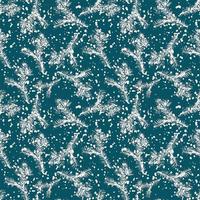 Seamless spruce branch pattern. Seamless spruce branches vector with snowflakes in white on blue background.  Christmas pattern for printing on fabric or wrapping paper.