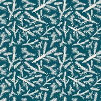 Seamless spruce branch pattern. Seamless spruce branches vector with snowflakes in white on blue background.  Christmas pattern for printing on fabric or wrapping paper.