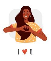 A brunette girl with dark skin shows a heart with her hands as a symbol of love. Vector illustration on a white background