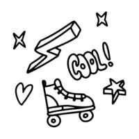 A set of doodle drawings by hand. Sketches of roller skates, lightning in the style of the 90s. Children's sketch, stickers vector