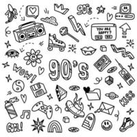 A large set of doodle drawings by hand. Sketches in the style of the 90s. 1990, cassette, videos, tape recorder, floppy disk vector